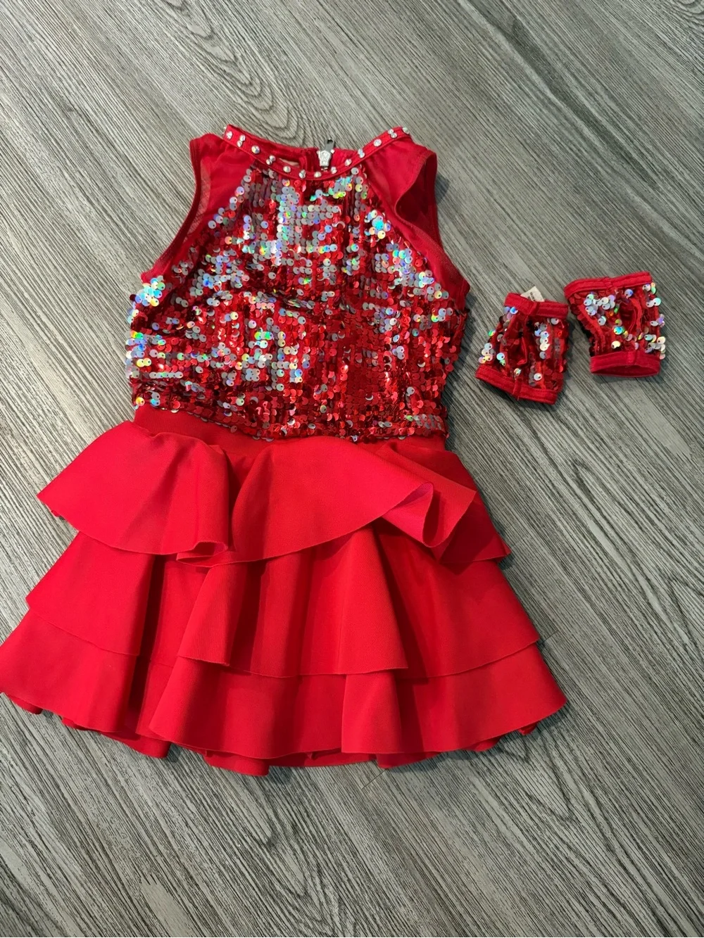 Weissman Red Sequin Tiered Dance Costume with Wrist Cuffs